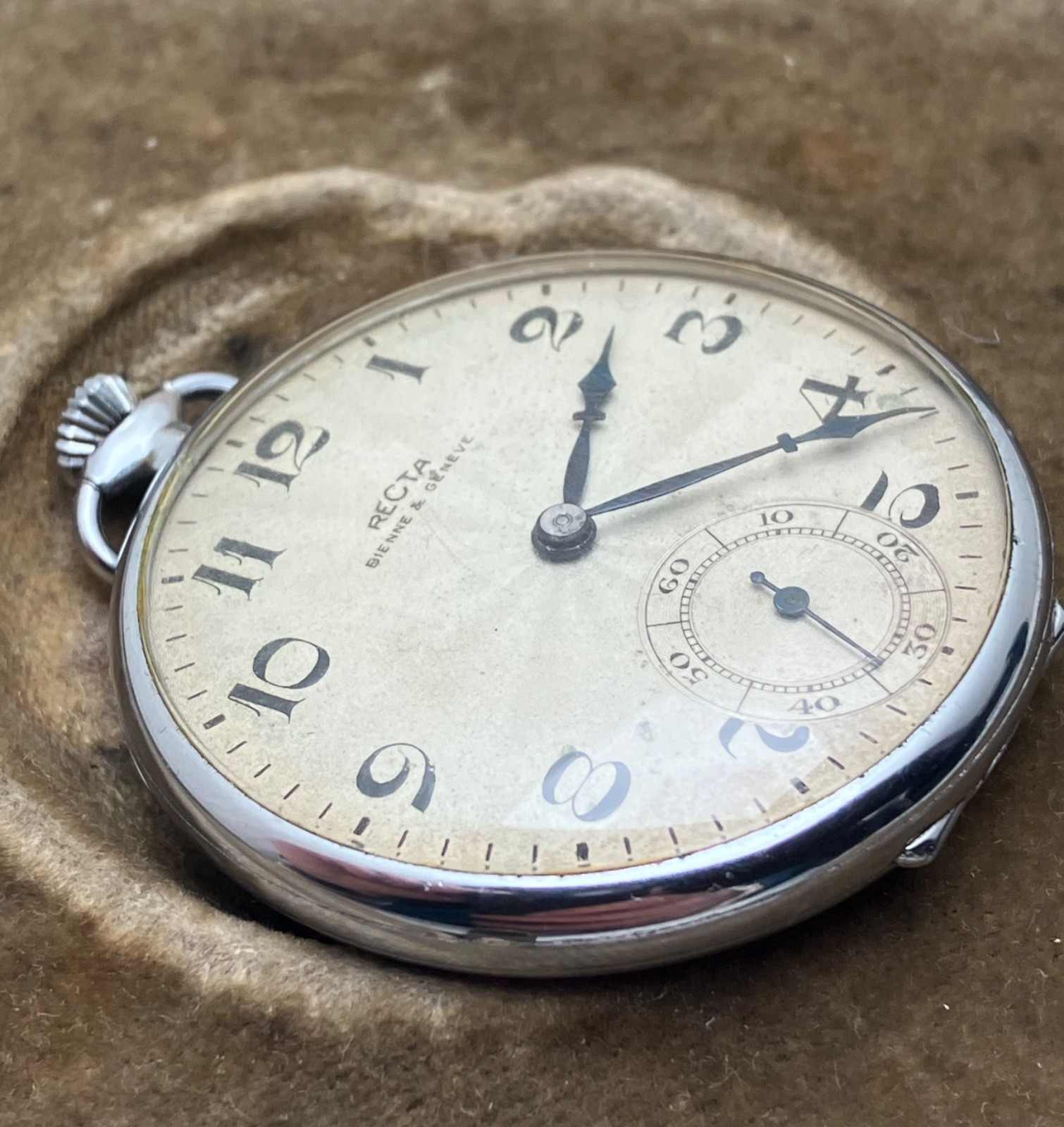 Recta Bienne &Geneve Vintage Pocket Watch BLUE JEWELS ! RARE! Works 23 Hours!