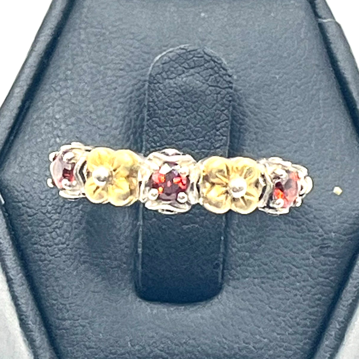 Barbara Bixby Band Ring Sz 8 Garnet and 18k Lotus Flower Accents Sterling 925