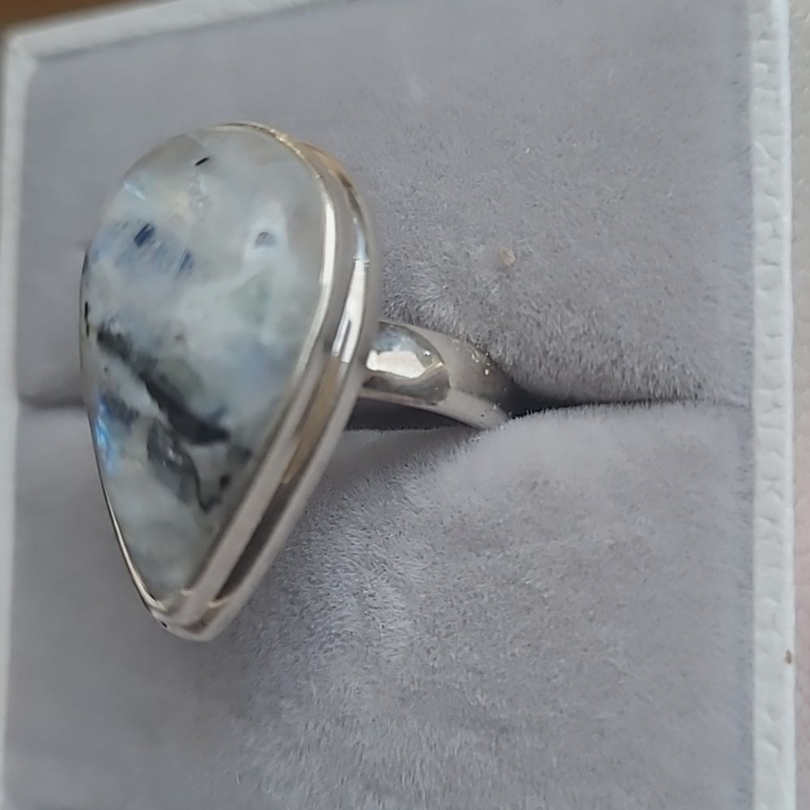 Black Tourmaline in Moonstone Solid Sterling Silver ring. Size 5.5