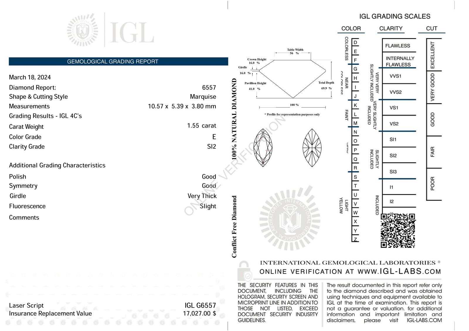 Certified 1.55 Carat E Color SI2 Marquise Natural Loose Diamond 10.57×5.39mm