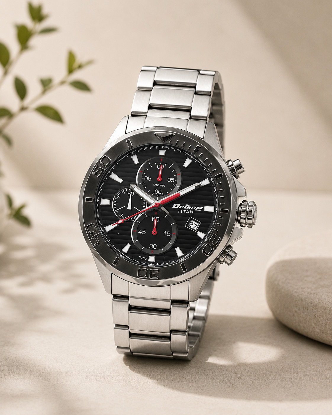 Titan Octane Chronograph NR90087KM02 Black Dial Silver Steel Mens Watch New