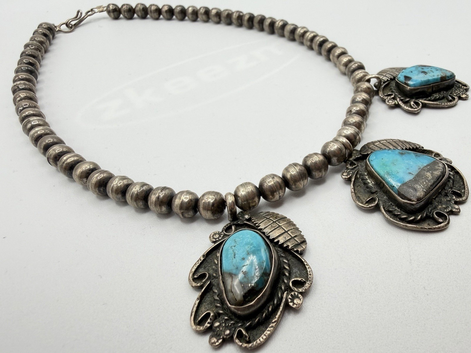 50g Vintage Navajo Persian Turquoise Sterling Silver Pendant Ball Beads Necklace