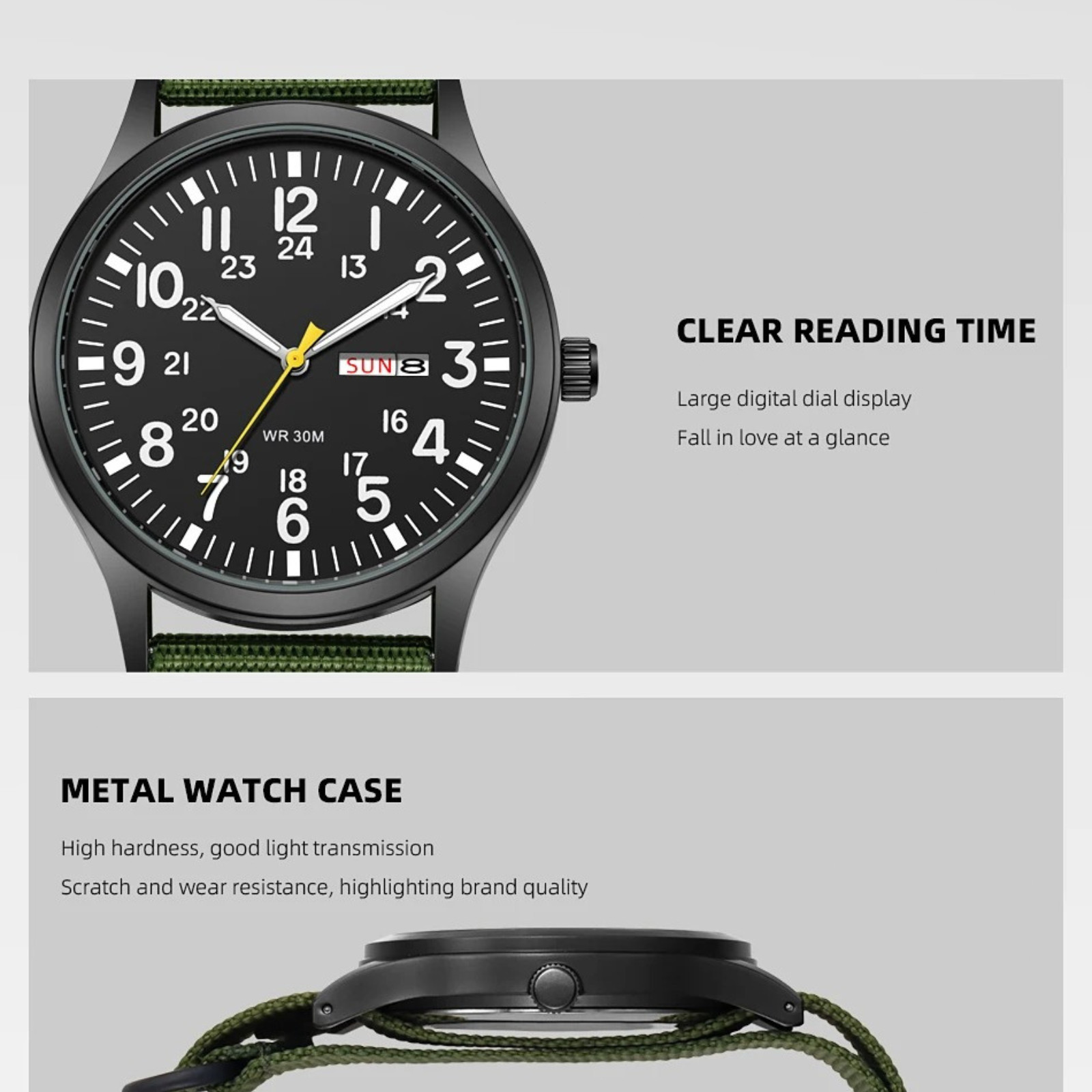 Durable Field Watch Easy Read Dial 24H Display Nylon Strap Quartz Movement