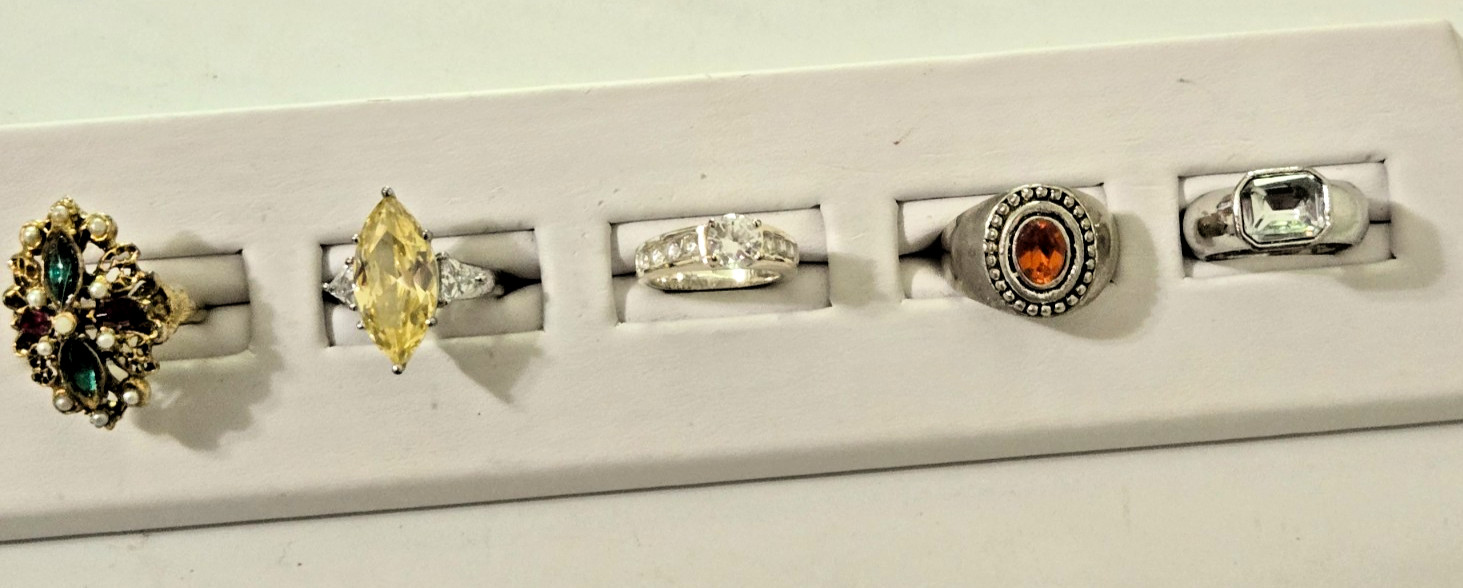 Fashion Ring Lot, 17 Rings. Stones, Metal, Wood, Plastic. Various Sizes, Colors.