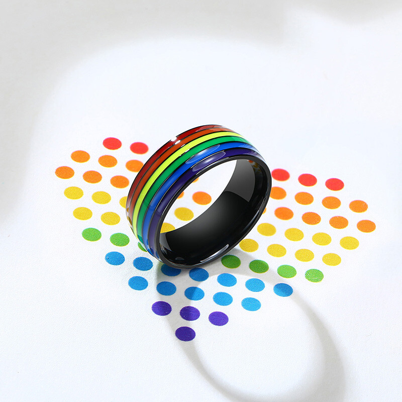8mm Rainbow Color Love Gay Pride Lesbian Men’s Ring Stainless Steel Striped Band