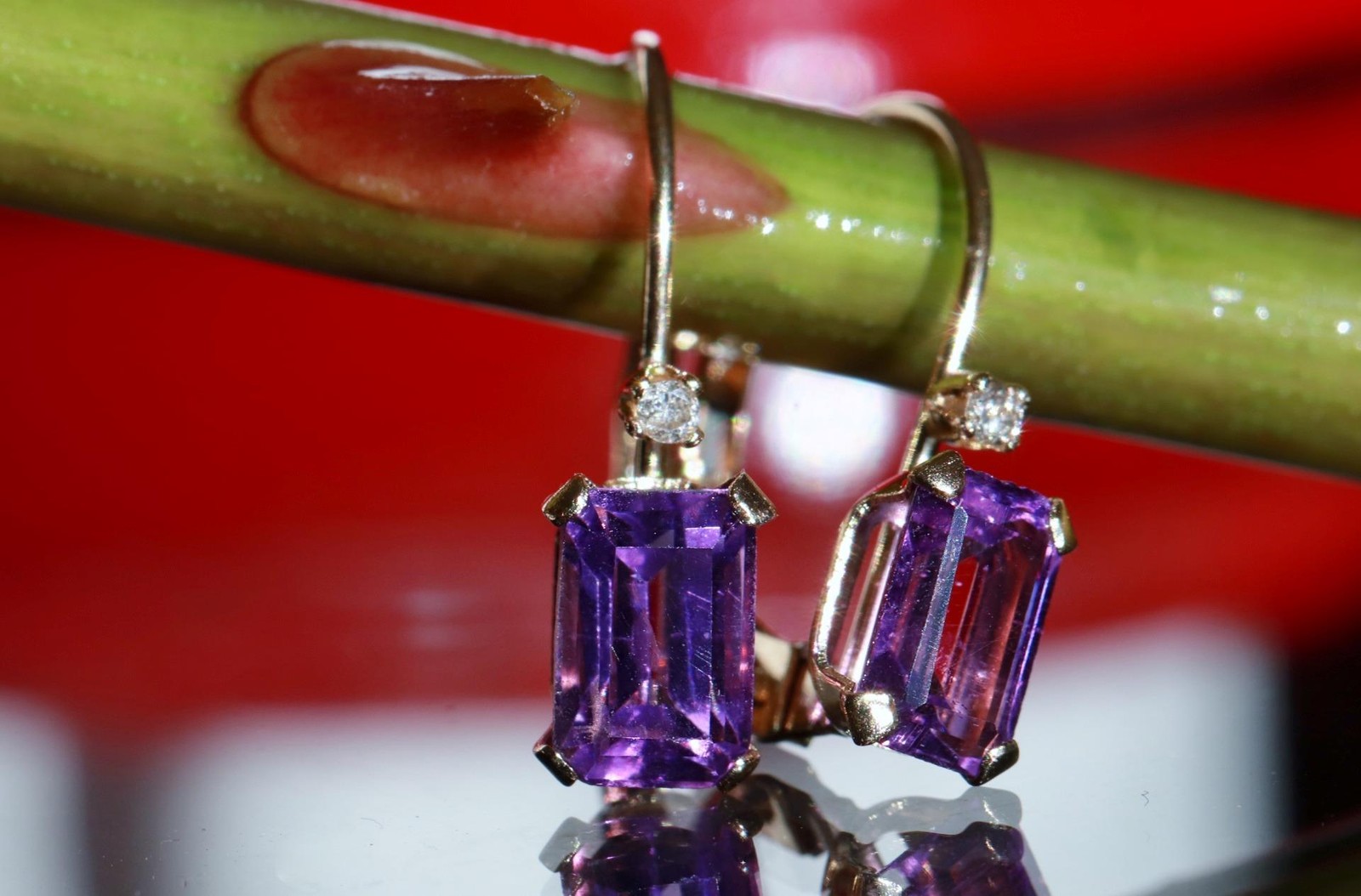 14k yellow gold earrings 0.82ct amethyst diamond 0.61″ dangle 0.91gr N3685