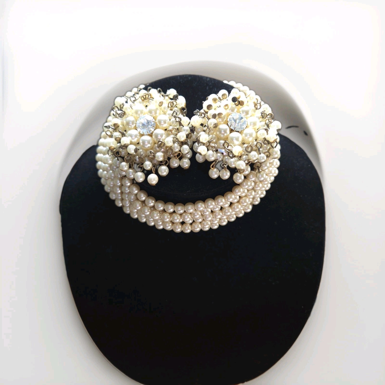 Vtg 1950s 5-Strand Faux Pearl Choker Necklace Clip-On Earrings Set Mid Century