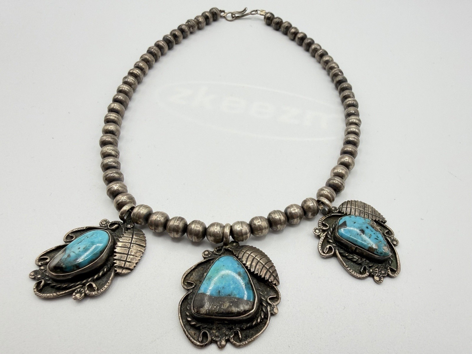 50g Vintage Navajo Persian Turquoise Sterling Silver Pendant Ball Beads Necklace