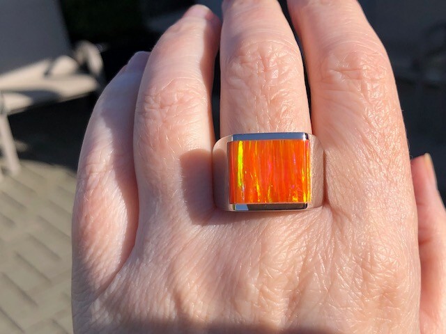 Orange Fire Opal Square Ultra Vivid FLASHES Heavy Sterling Men’s ring 14 VIDEO