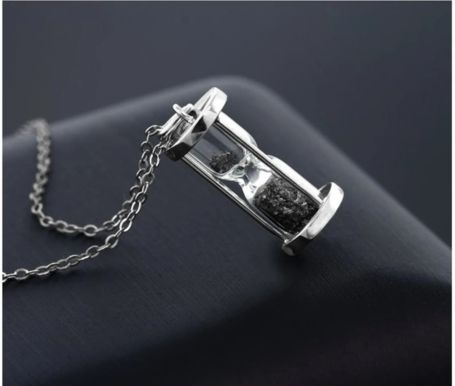 Black diamond gem Dust Hourglass Pendant,0.05 Ct ‘Time in a Bottle’.925 silver