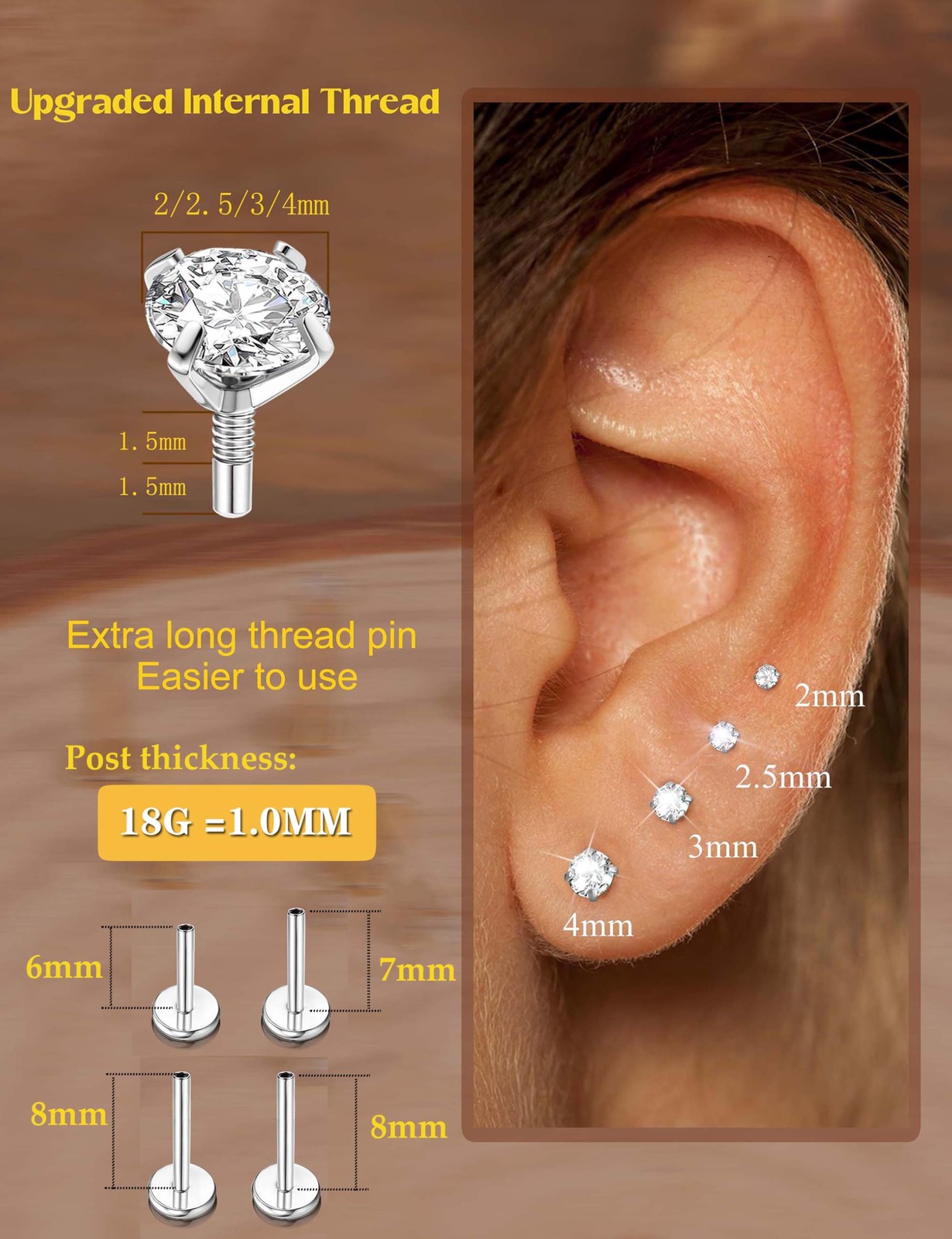 18G Flat Back Earrings Studs-Hypoallergenic Surgical Stainless Steel Cartilag…
