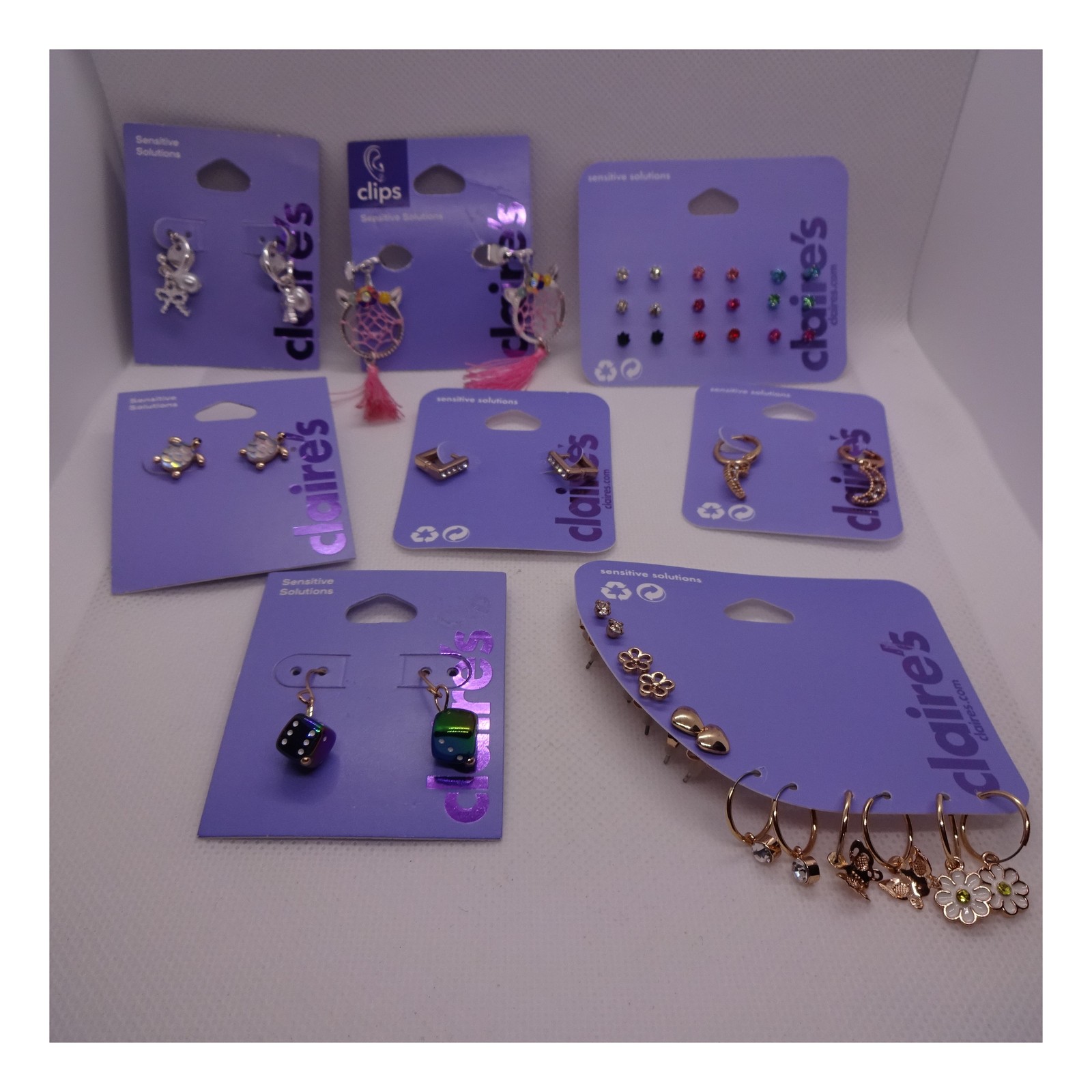 Claire’s 8 SETS Earrings LOT Sensitive Solutions Studs Dangle Hoops Clips NWT
