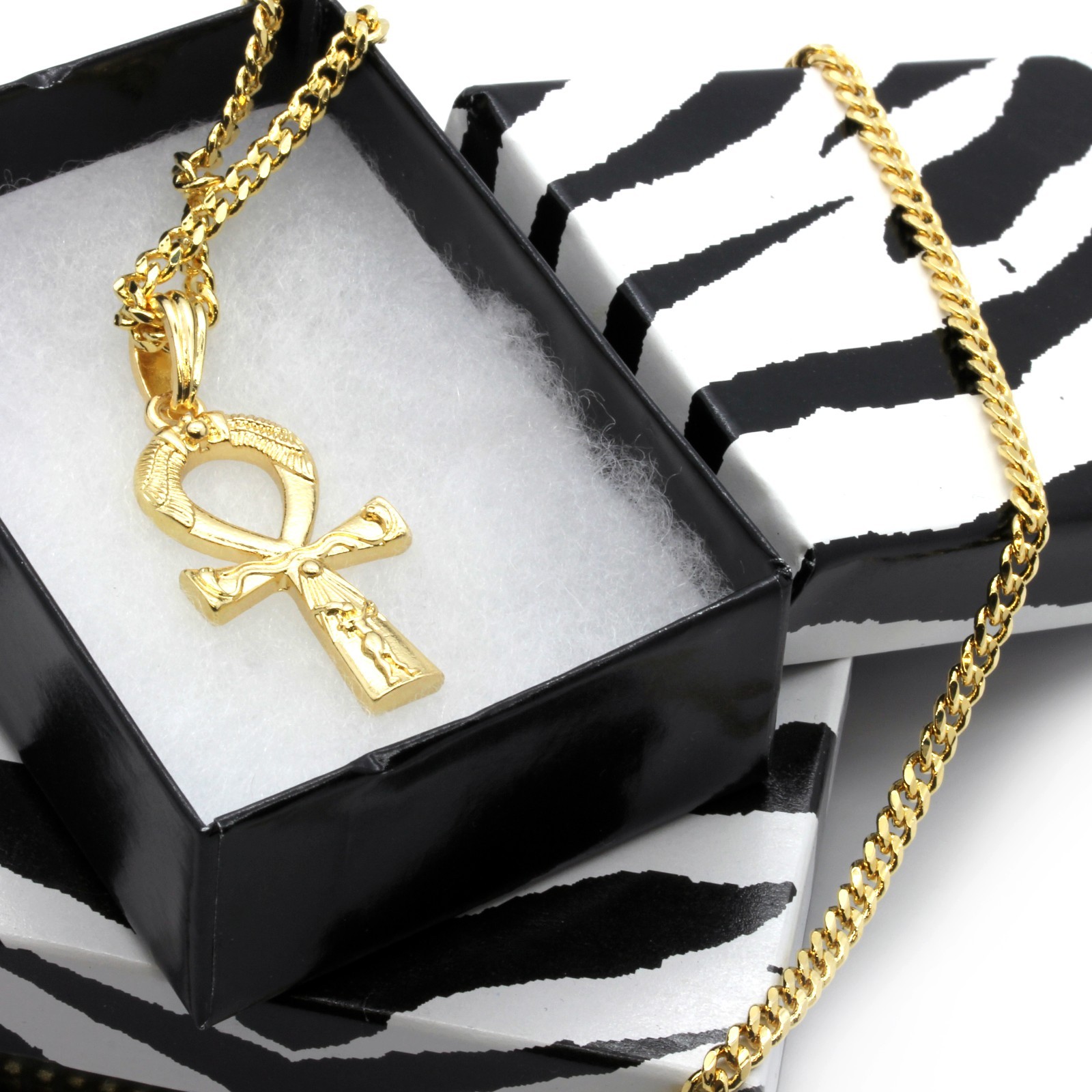 Men’s 14k Gold Plated All Gold Engrave Ankh Pendant Hip-Hop 30″ Cuban Chain