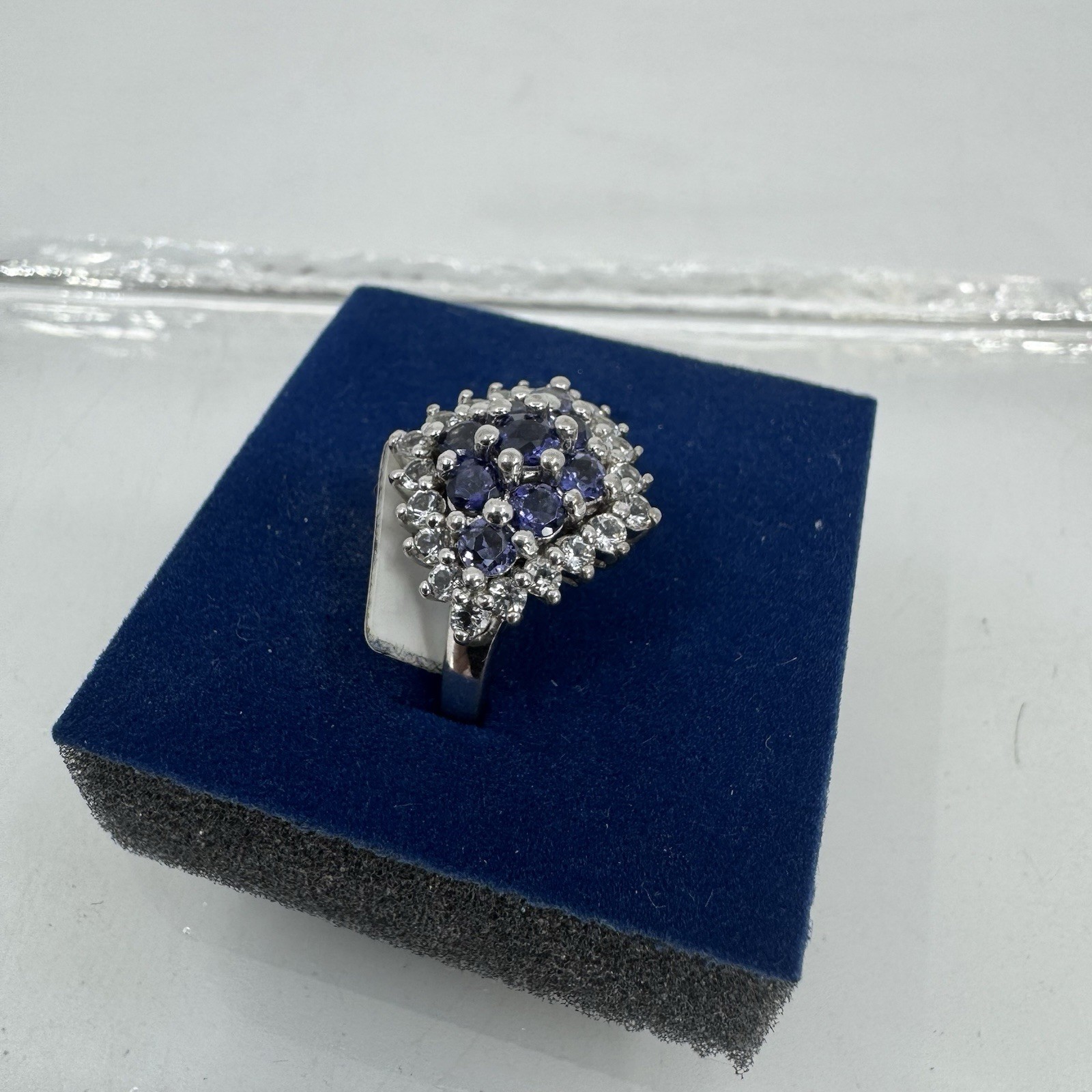 Sterling Silver 1.1ctw Iolite & 0.84tcw White Topaz Cluster Ring NOS W/ Box Sz 8