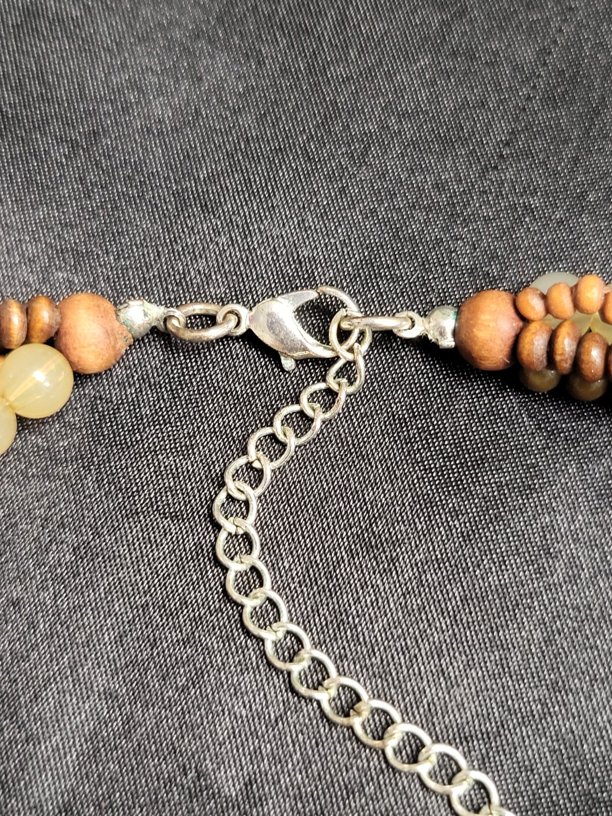Boho Multi Strand Wood Beaded Necklace Iridescent Mother of Pearl Shell Pendant
