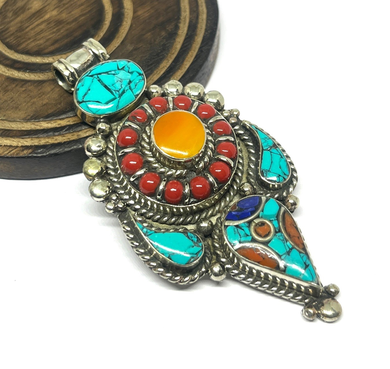 Vintage Coral Turquoise Amber Gemstone Tibetan Style Pendant Jewelry, 2.8 inch