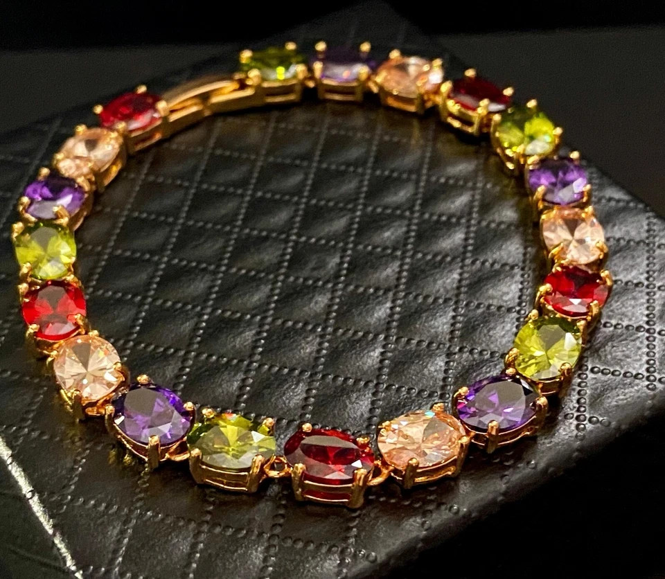 18K Gold Plated 30 CTW Gemstone Tennis Multicolor Bracelet Birthday Jewelry