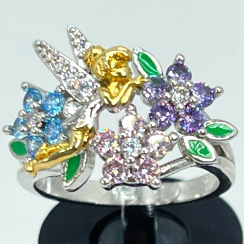 Ring Silver Tone Multi-Color Crystal Flowers w/Gold & Silver Flying Fairy Size 6