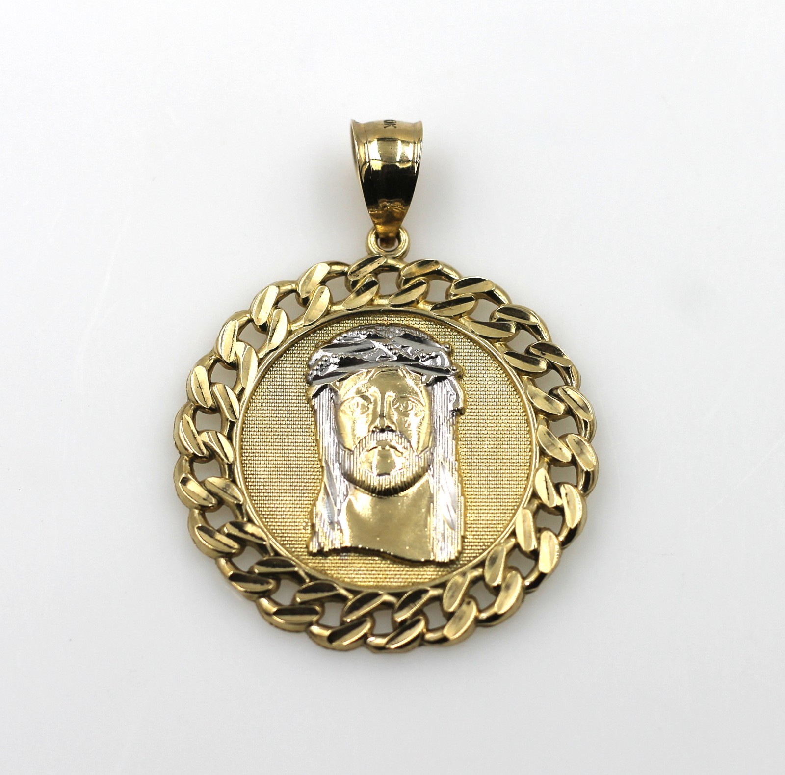 10K Gold Textured Round Jesus Head Medallion Cuban Link Border Pendant 48mm 6.3g