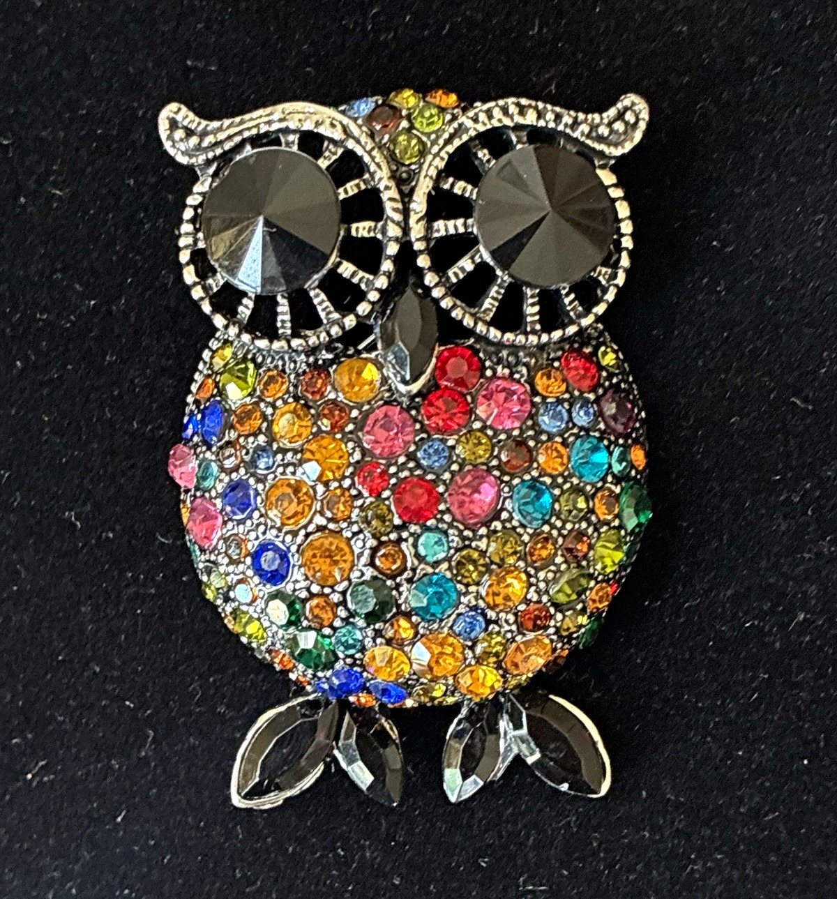 Owl Brooch Pin Silver Tone Metal Multicolor Rhinestone Crystal Pavé Black Eyes
