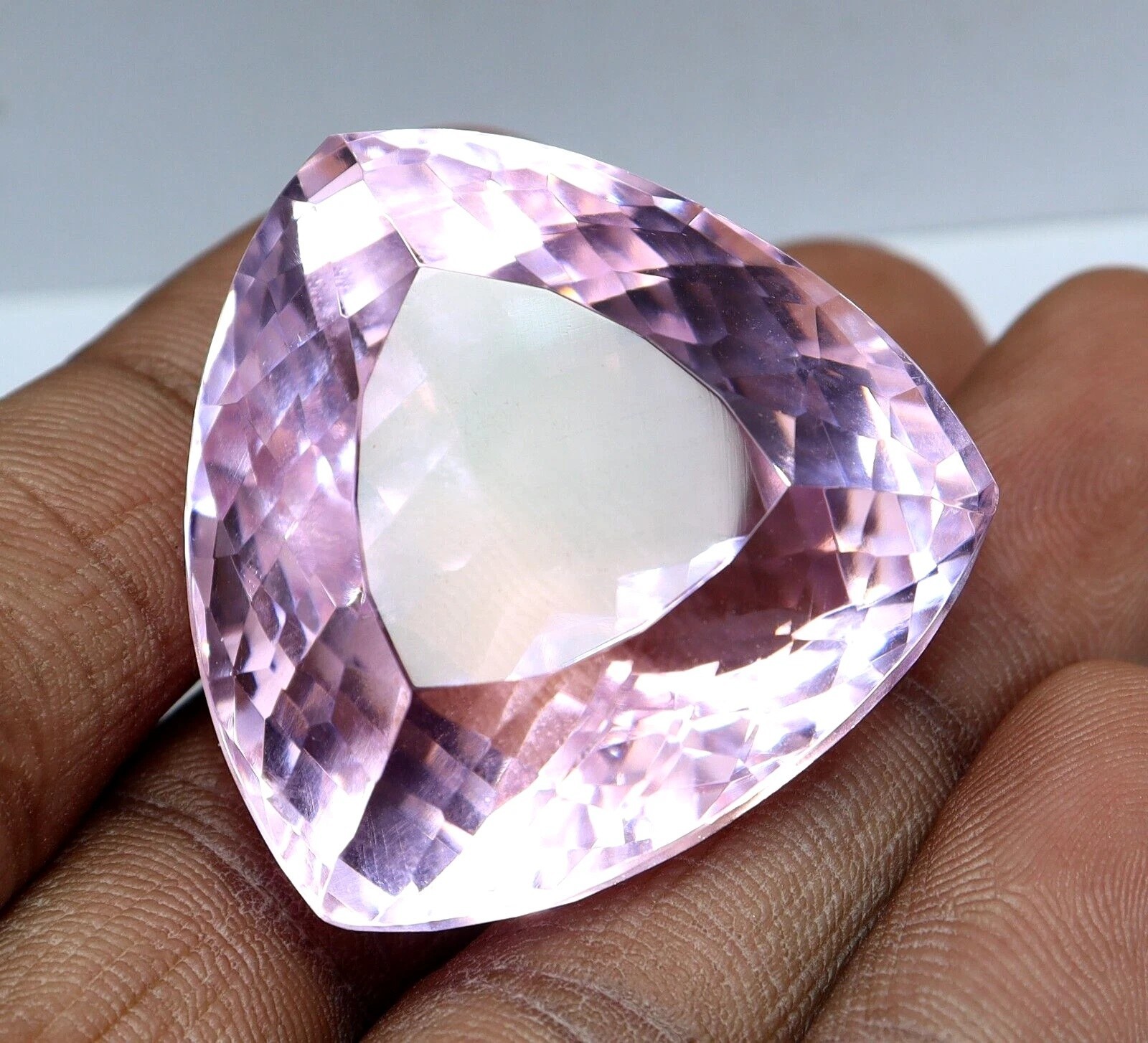 AAA 100 Ct Lab-Created Light Pink Topaz Trillion Cut Faceted Certified Loose Gem