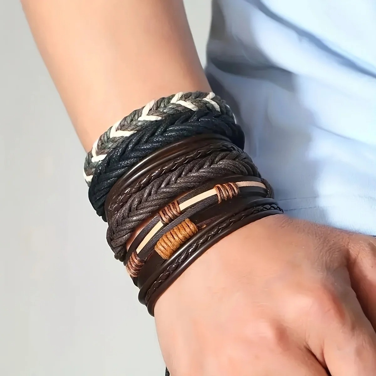 20pcs Braided Leather Bracelets, Wrap Cuff with Wood Beads Hemp for Men & Women