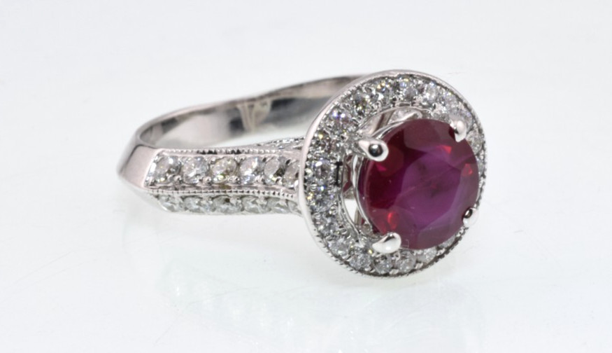 Ruby & Diamond Halo Ring in 18k Gold 2.40 Carats Size 5.5