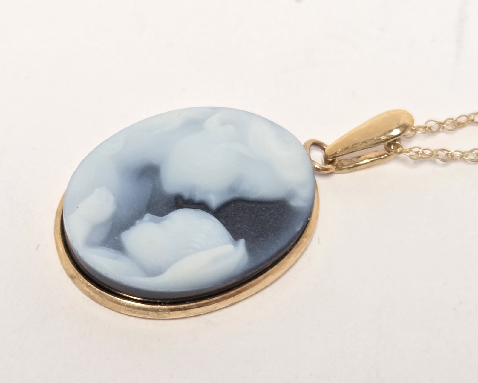 10k Gold Mother Child Blue Oval Cameo Pendant 18″ Necklace Heaven’s Gift Baby