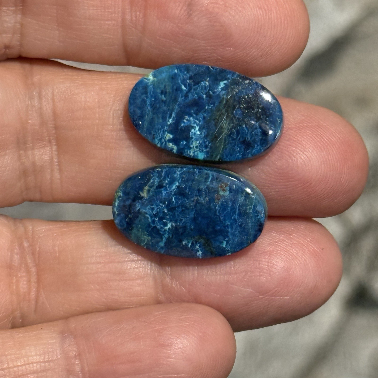 22.9ct 20.2×12.3×4.2mm Pair Of Rare Dark Blue Shattuckite Oval Cabochons Gems
