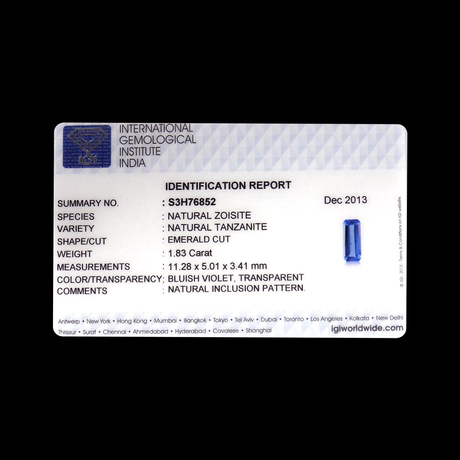 1.83 Ct IGI Certified AA Natural Tanzanite Gemstone Bluish Violet Emerald Cut