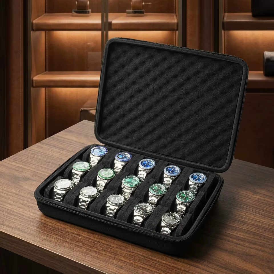 Portable 15 Slot Watch Organizer Box Hard Case with Soft Foam Pillow Inserts