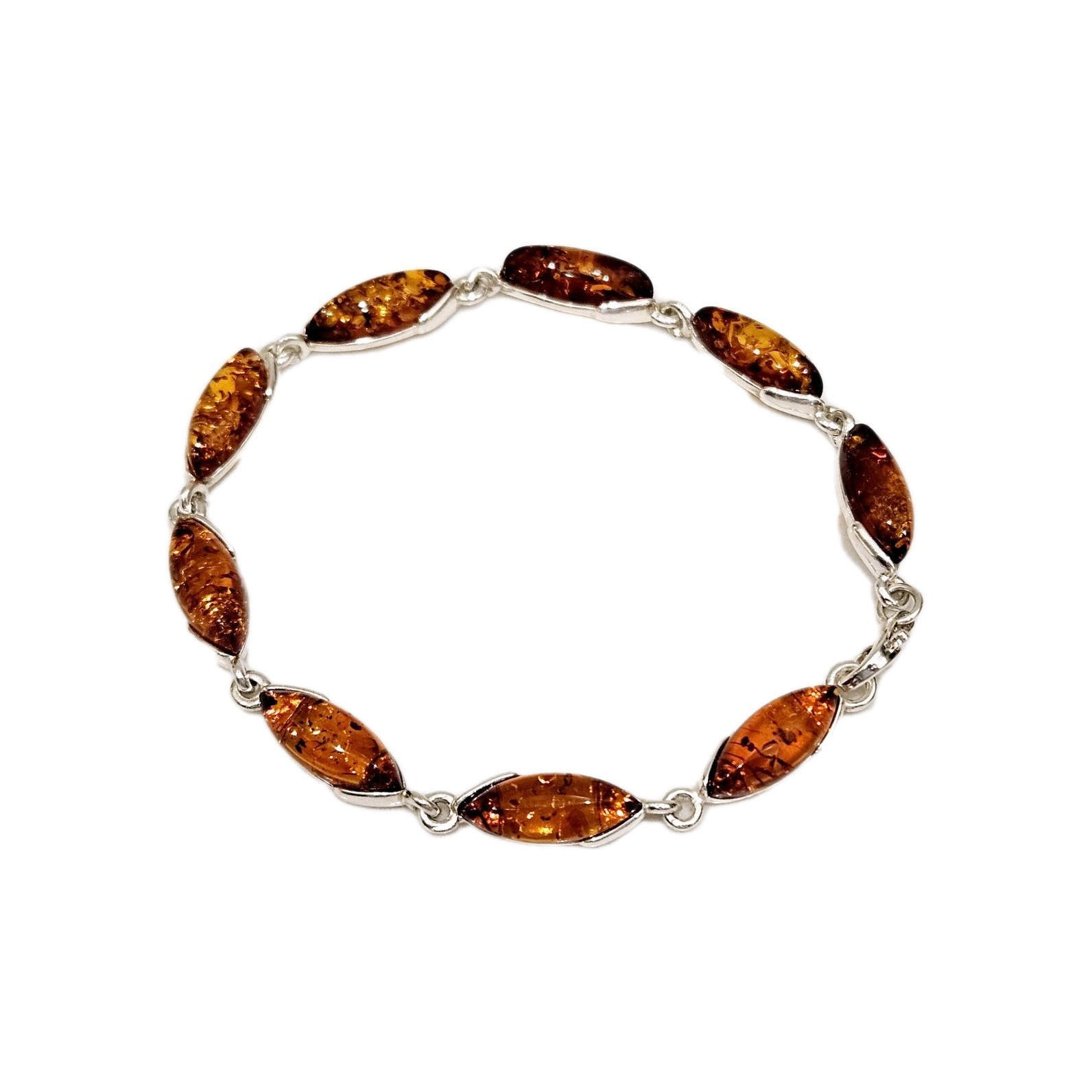 NEW Italian Amber & Silver Bracelet 8″ Long Oval Cognac Stones 925 Sterling