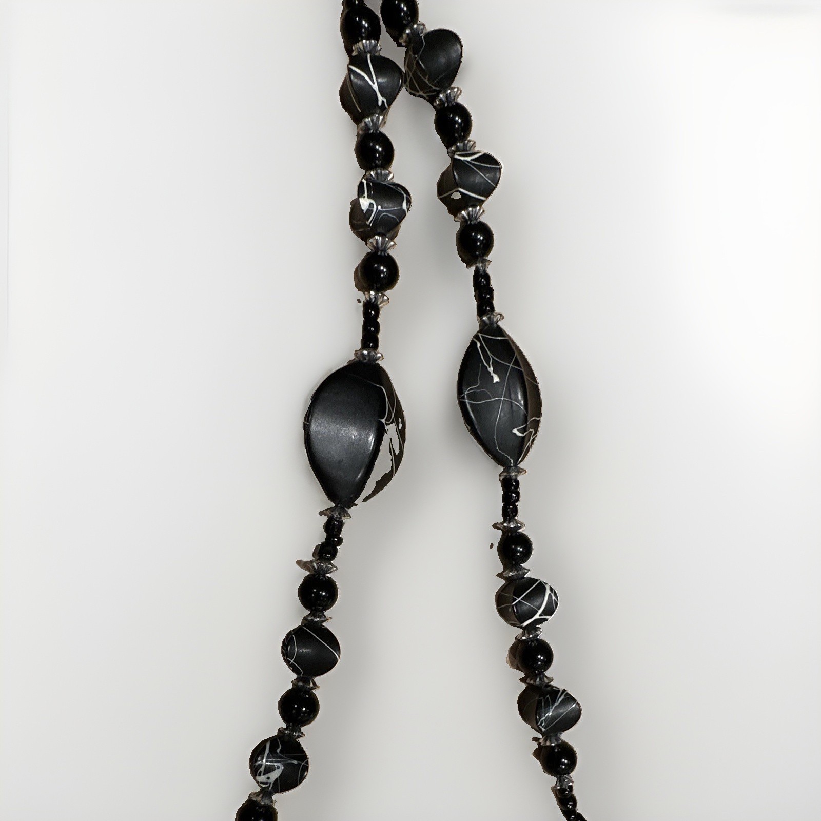 Black Plastic Beaded Ball Chain Necklace w/ Round Charm Pendant