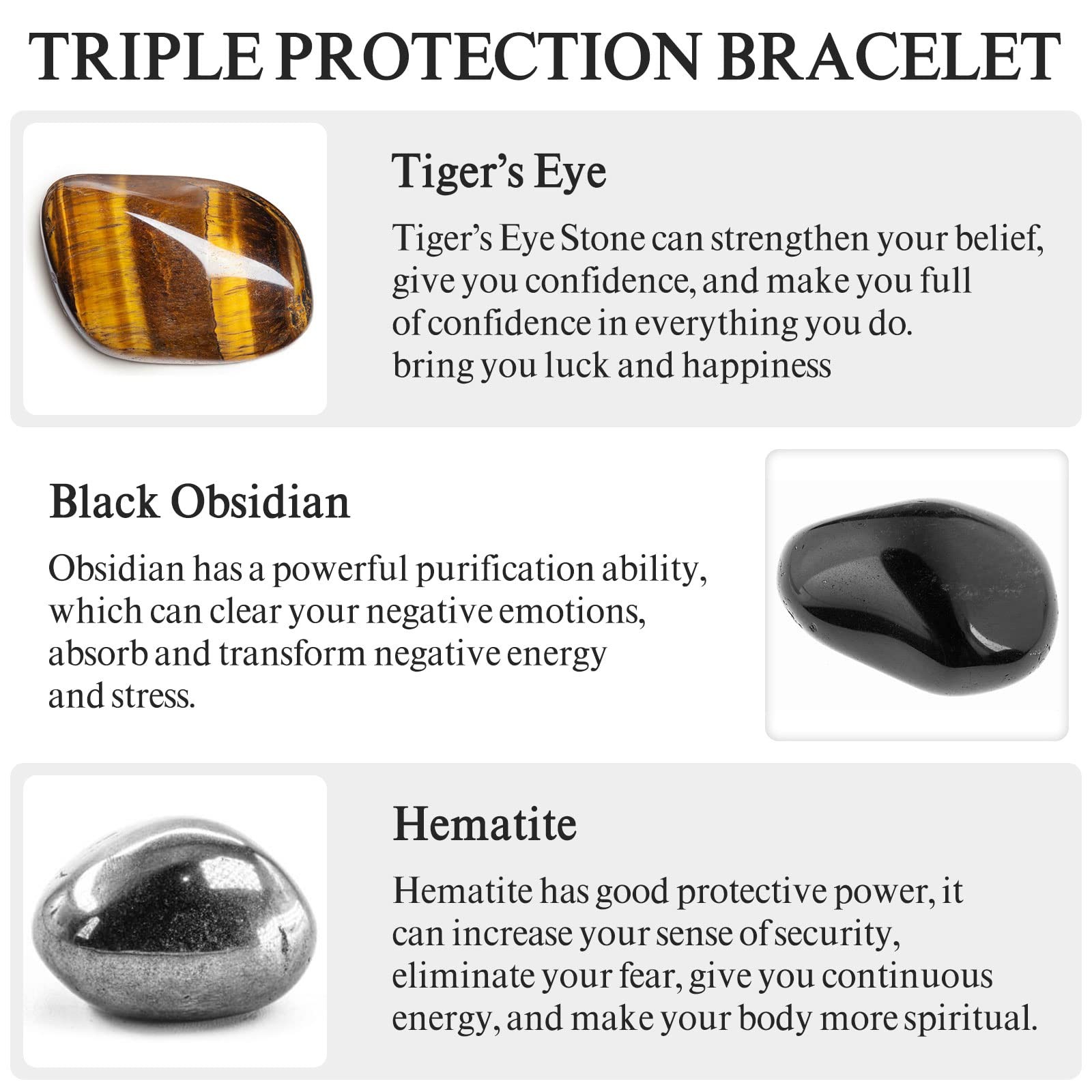 Triple Protection Bracelet, Tigers Eye – Black Obsidian and Hematite Beaded B…