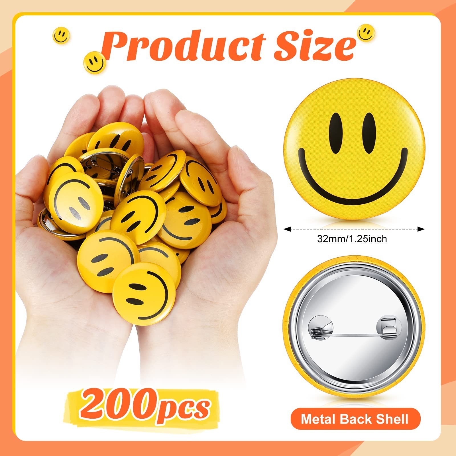 200 Pcs Happy Smile Face Button Pins Retro Pinback Badge