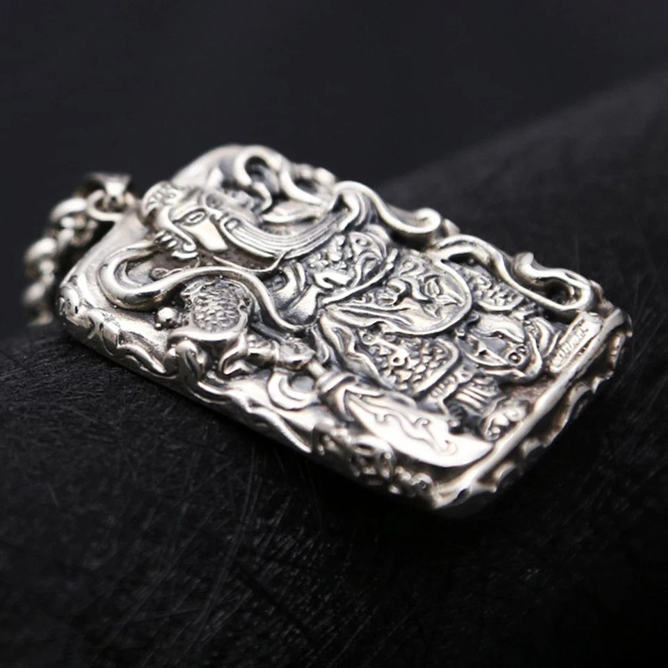 Pure S925 Sterling Silver Men Women Carved Dragon Guangong Oblong Pendant 34-35g