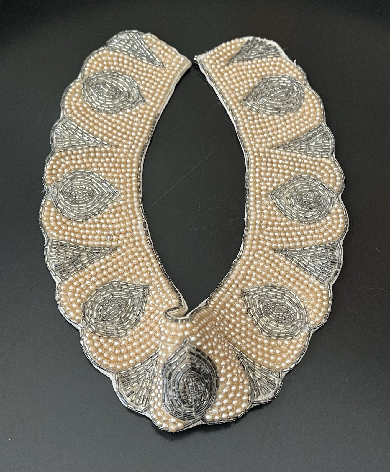 VTG Beaded Bib Collar Necklace Faux Pearl Choker Silver Beads Satin Back