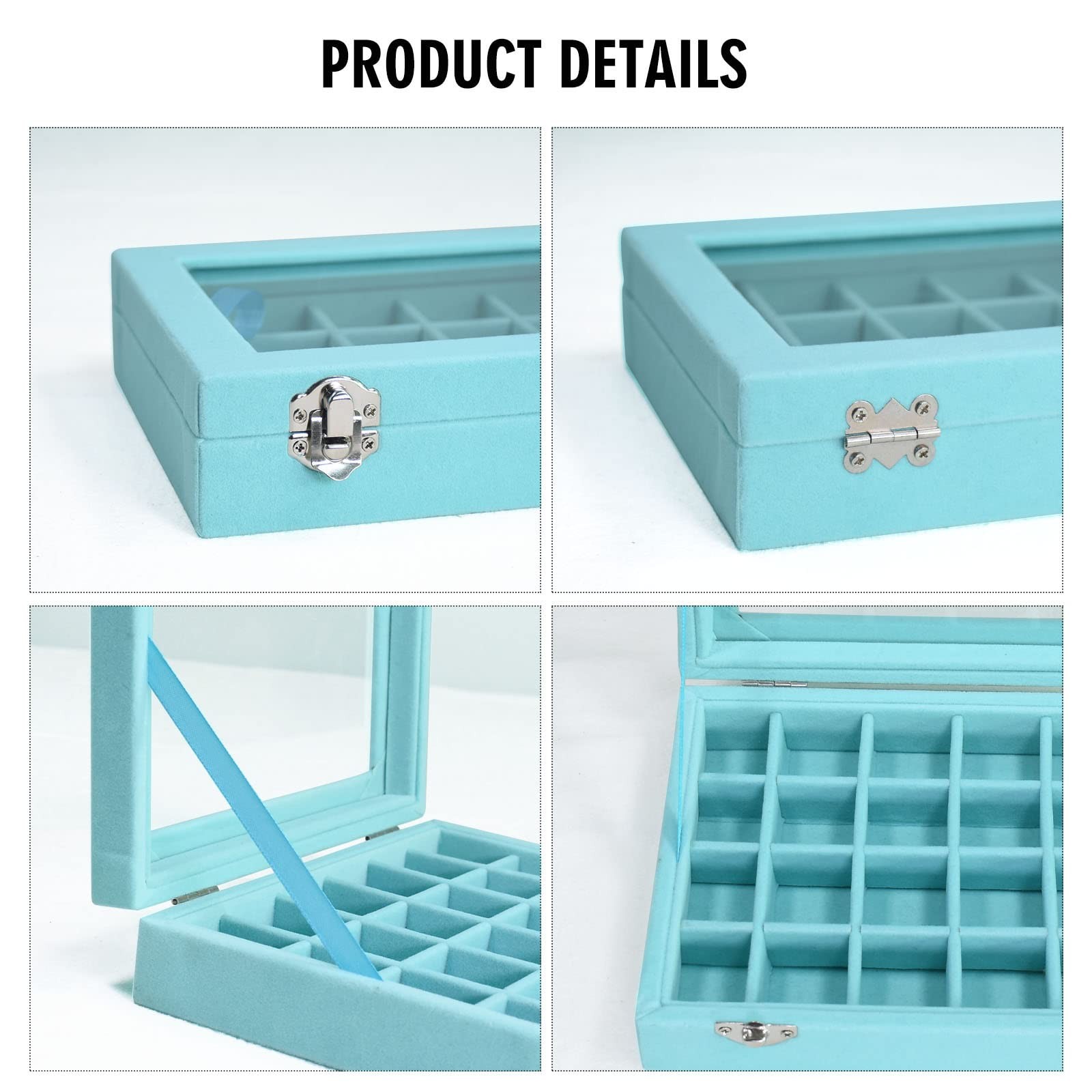 Velvet Jewelry Box 24 Grid Ring Display 24 Grid, Light Blue