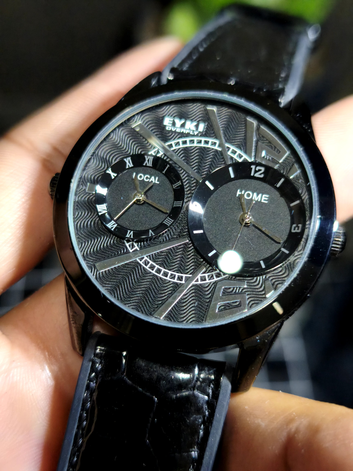 EYKI Overfly Men’s Dual Time Watch All Black Case Wave Dial Quartz