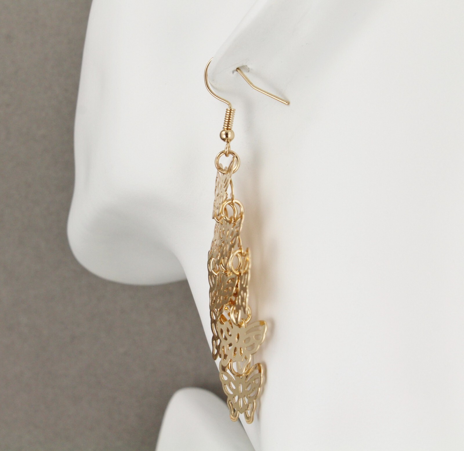 Gold chandelier earrings filigree butterfly dangle pendant wiggly 3″ long