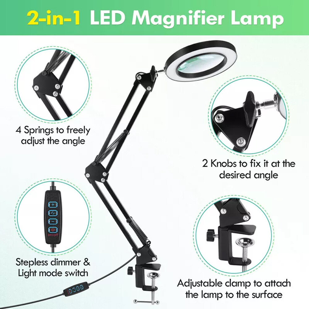 10X Magnifying Glass with Light and Stand, 2-in-1 LED Magnifier Desk Lamp for US