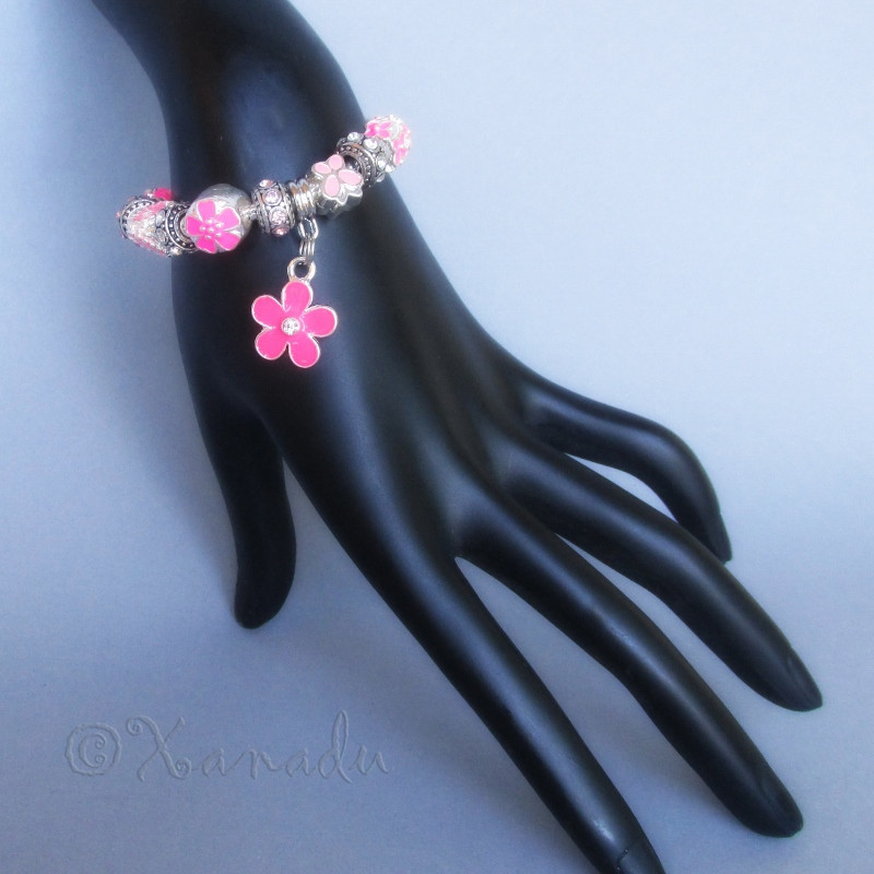 Pink Flower Garden European Charm Bracelet With Pink And Fuchsia Floral Beads