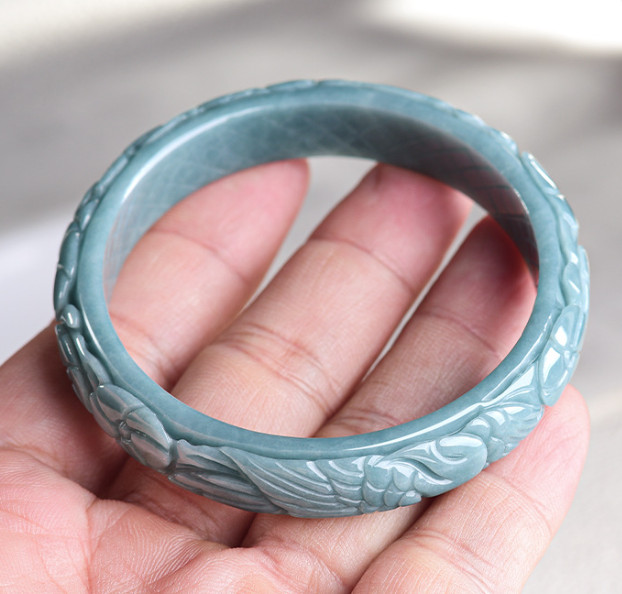 Certified 52-62mm Blue Water Grade A Jade jadeite Carved Phoenix Bangle Bracelet