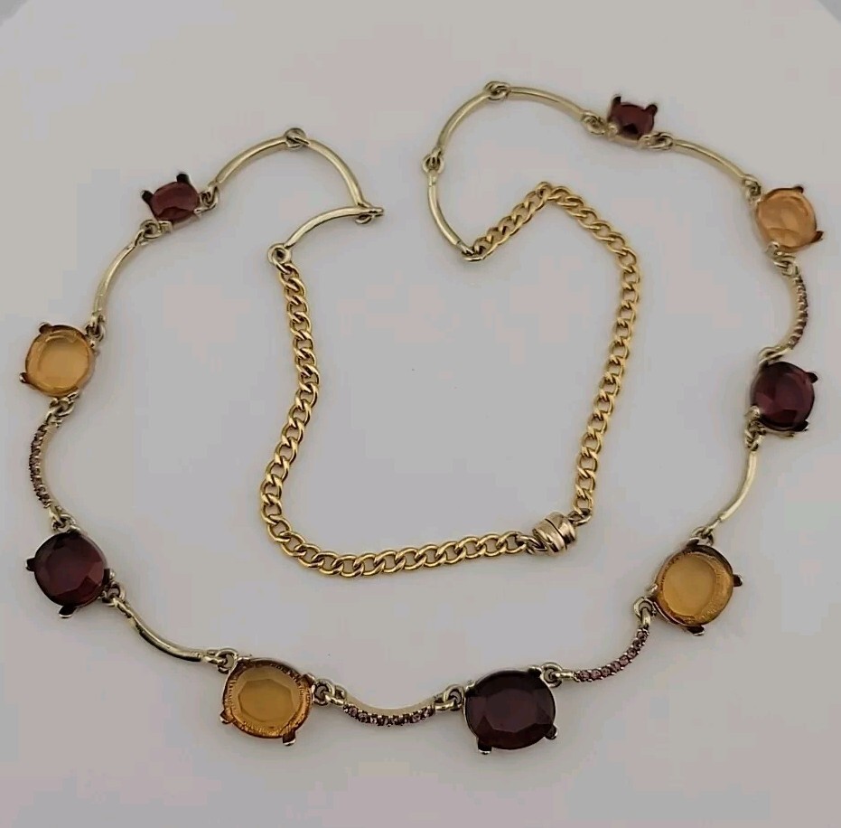 21.5″ Yellow Mauve Cabachon Pink Rhinestones On Gold Tone Linked Necklace