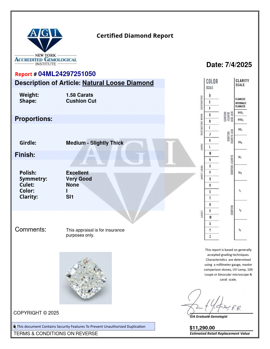 Cushion Cut 1.58 CT Cert. AGI Natural Mined Diamond Loose I color SI1 clarity