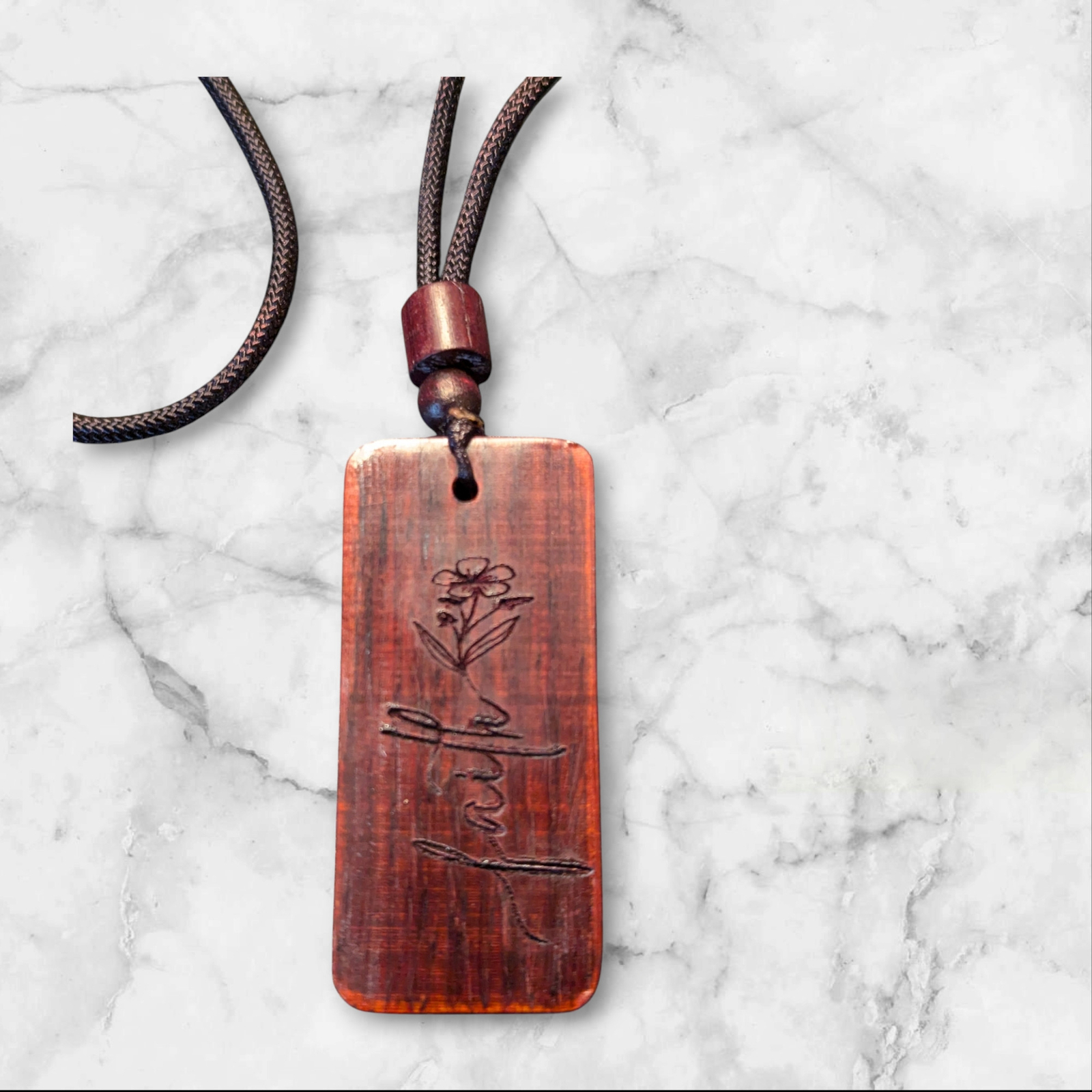 Wooden Necklace – “Love” with Floral Engraving – Romantic