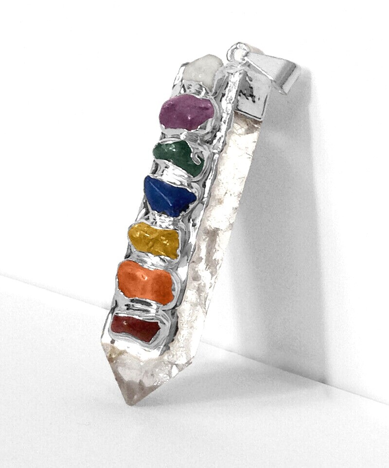 FuNkY Quartz Crystal Point 7 Chakra Pendant Sterling Silver Necklace CHARGED Hea