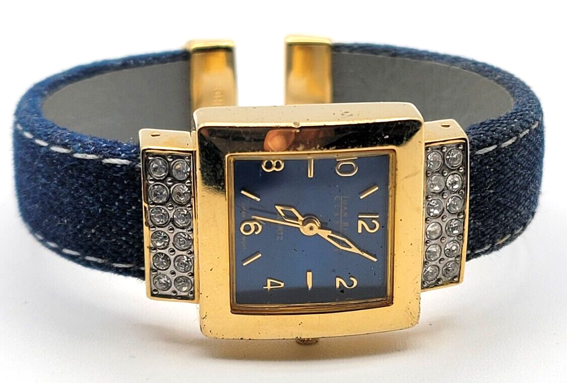 JOAN RIVERS DENIM BAND WATCH SILVER TONE CRYSTAL ACCENT WOMEN V377