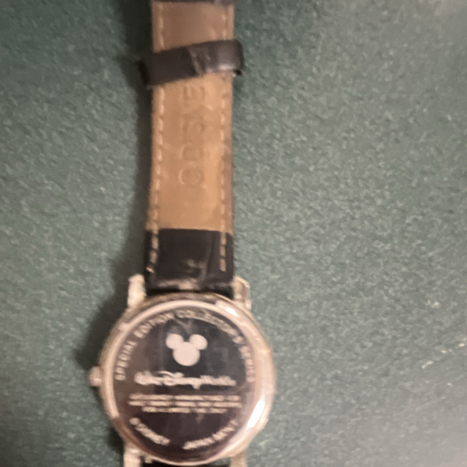 Disney Mickey Mouse Quartz Analog Watch 25mm Silver Case Black Leather Strap