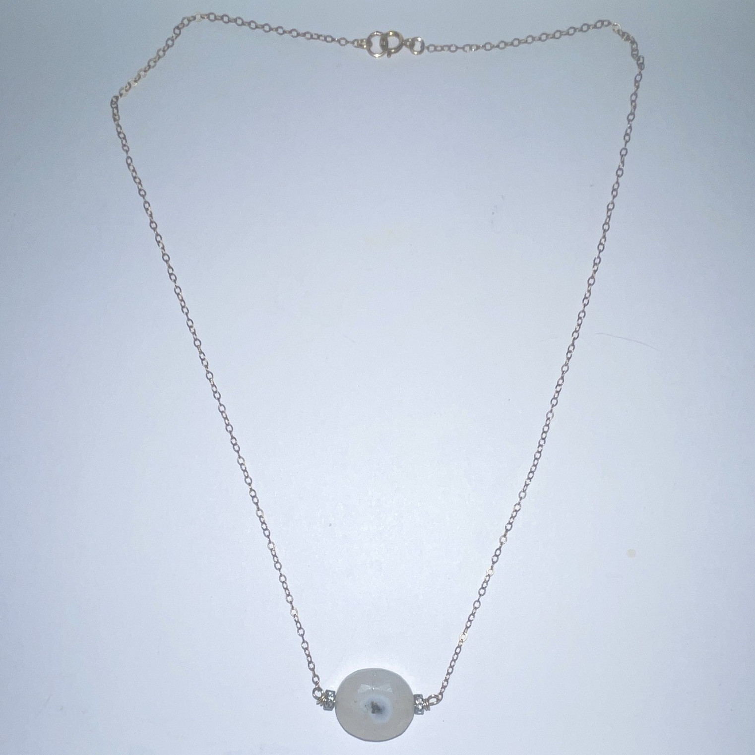 Gold Tone Cable Chain Necklace w/ Round White Agate Stone Charm Pendant